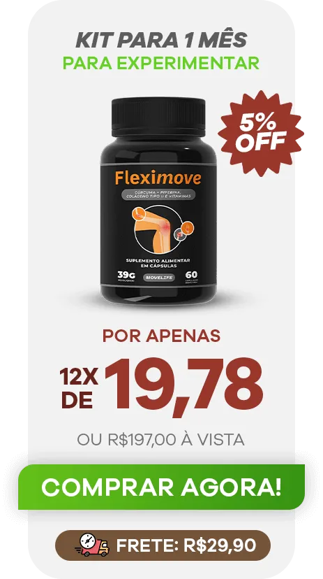 Pote de Fleximove, suplemento natural para alívio de dores articulares e melhora da mobilidade, ideal para iniciar o tratamento