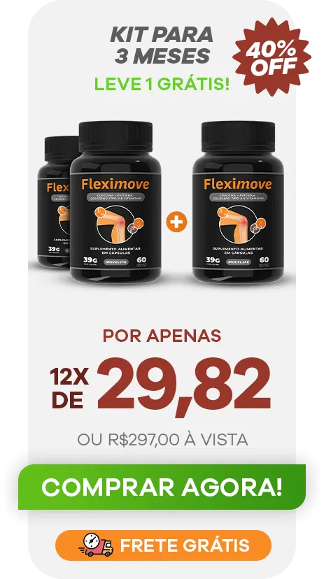 Kit com 3 potes de Fleximove, tratamento eficaz para reduzir dores nas articulações e recuperar a qualidade de vida em 3 meses.